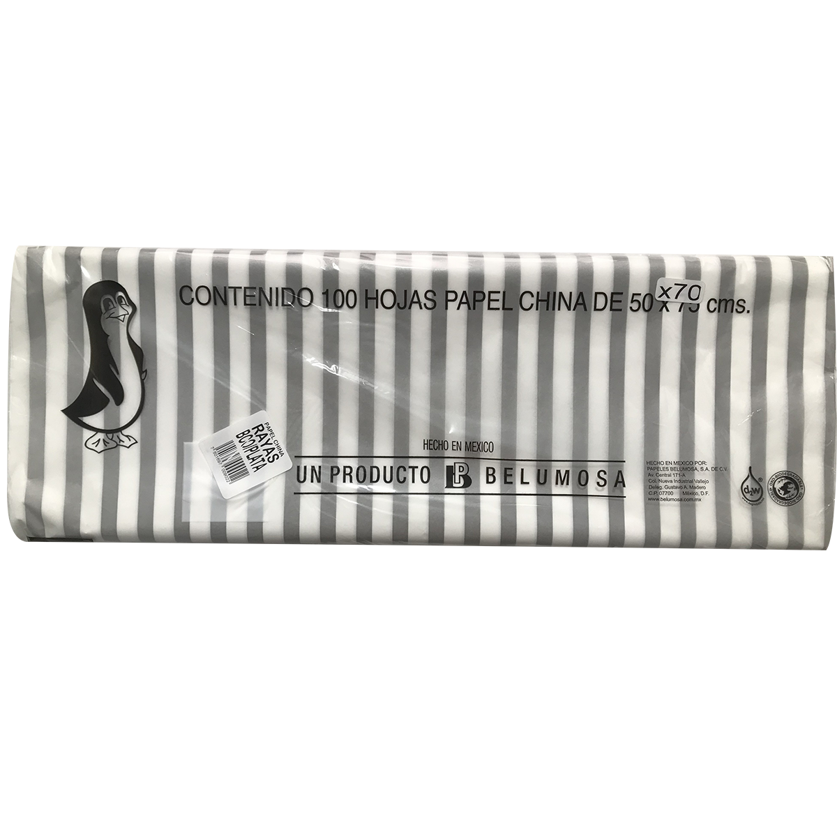 Papel China Pingüino Belumosa Bolsa C/100 Pliegos Rayas Plata 50*75cm