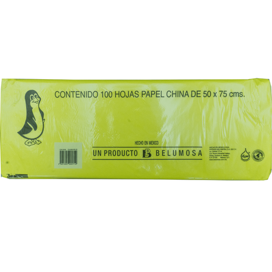 Papel China Pingüino Belumosa Bolsa C/100 Carpetas Canario 75*50cm