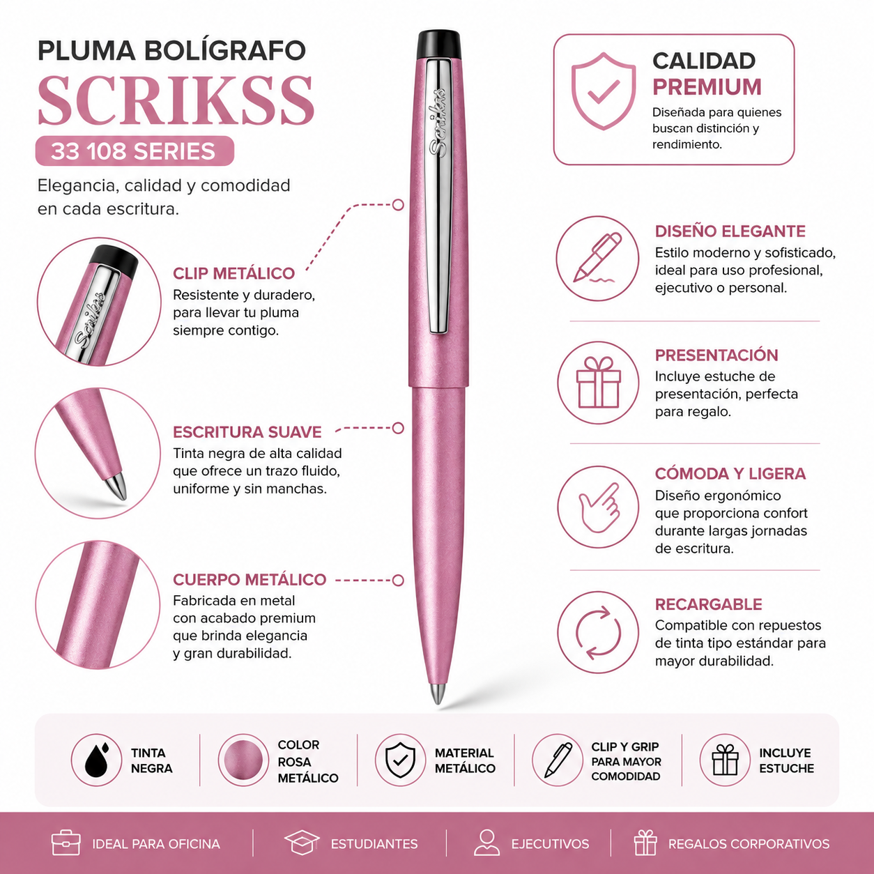 Bolígrafo Scrikss 108 Rosa Metálico Tinta Negra
