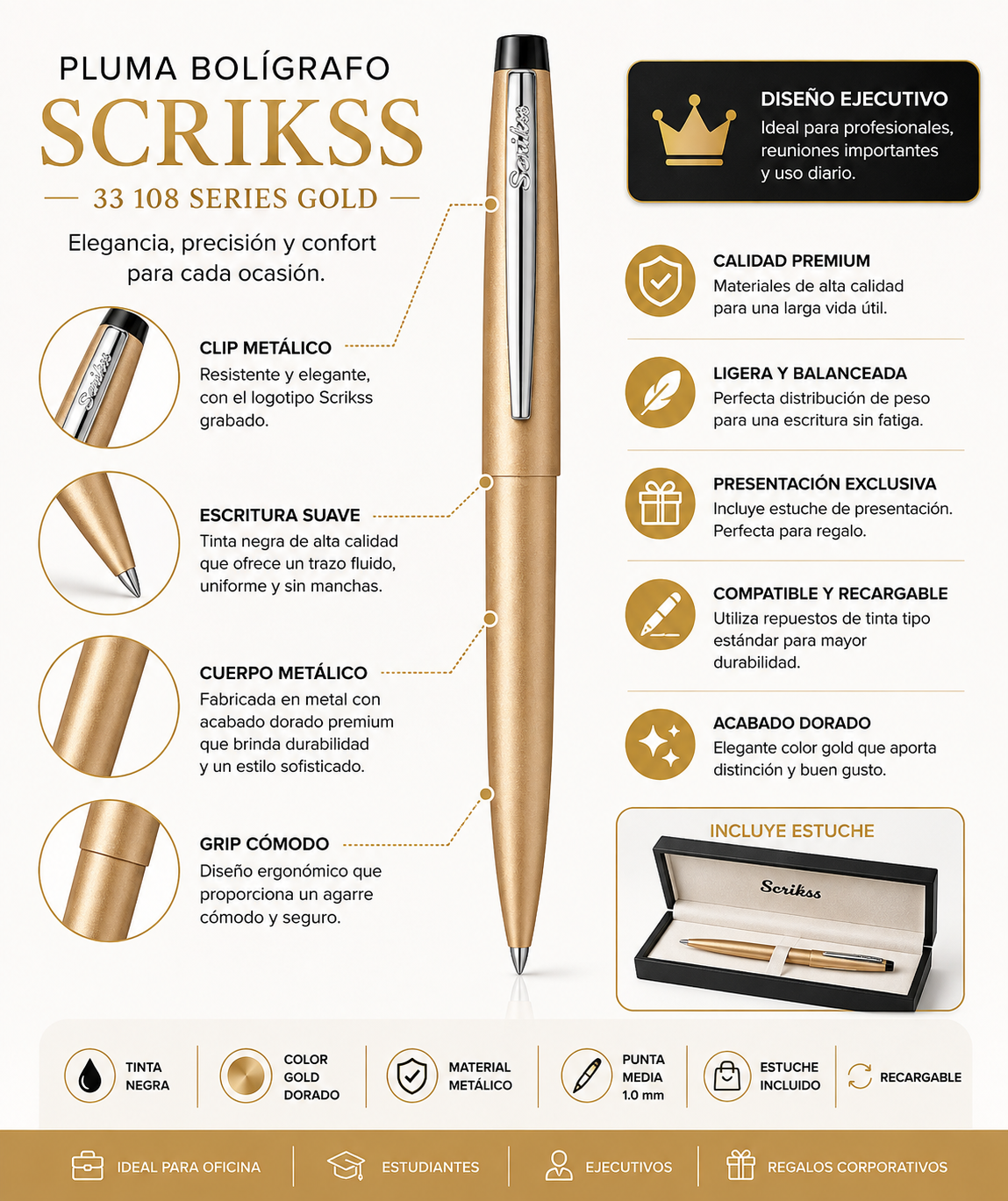Bolígrafo Premium Metálico Scrikss 108 Gold Tinta Negra