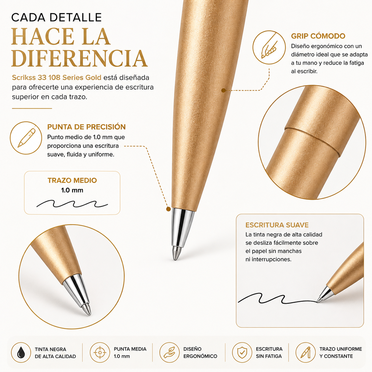 Bolígrafo Premium Metálico Scrikss 108 Gold Tinta Negra