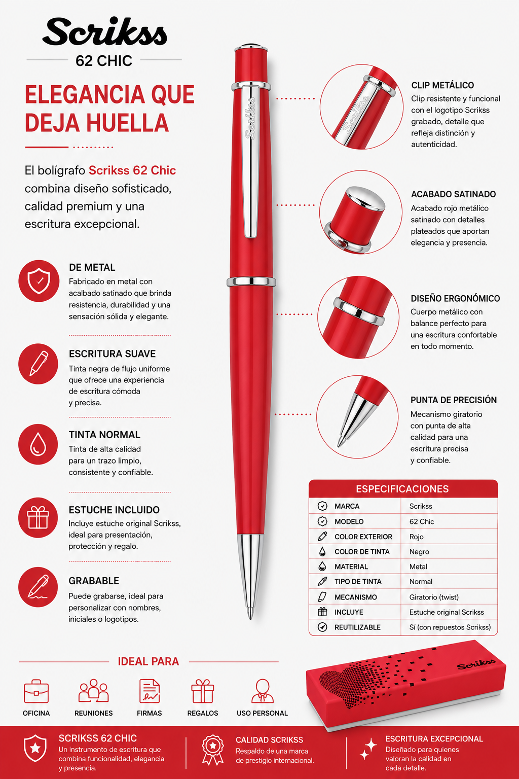 Boligrafo Scrikss 62 Chic Rojo Metalico Tinta Negra