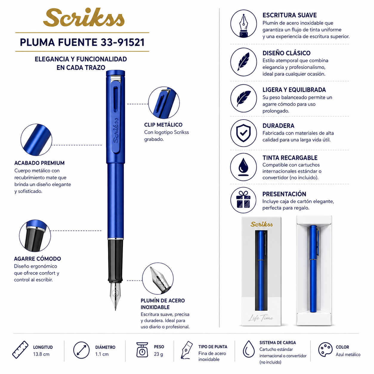 Pluma Fuente Scrikss Azul Linea Punto Blue Tinta Negro