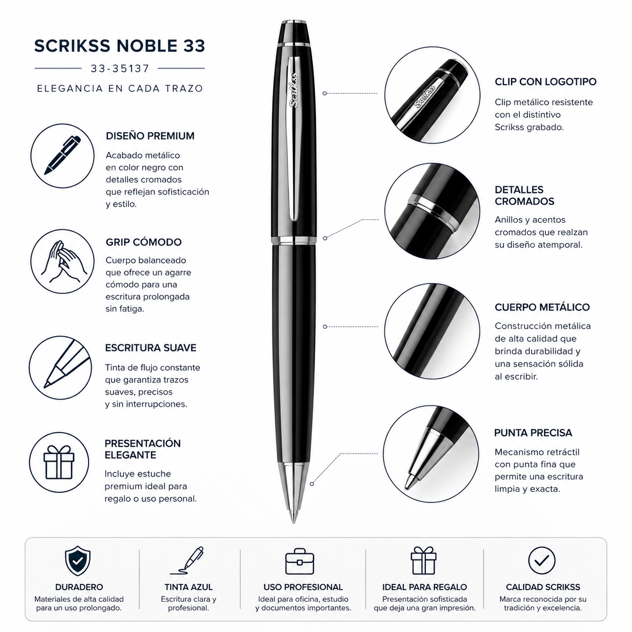 Bolígrafo Scrikss Noble 35 Negro Brillante con Estuche