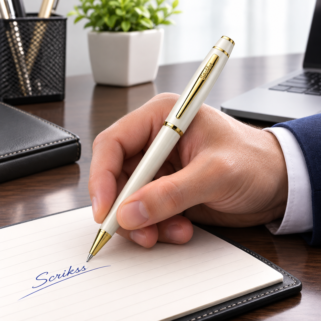Bolígrafo Scrikss Noble 35 Blanco Perla Dorado con Estuche