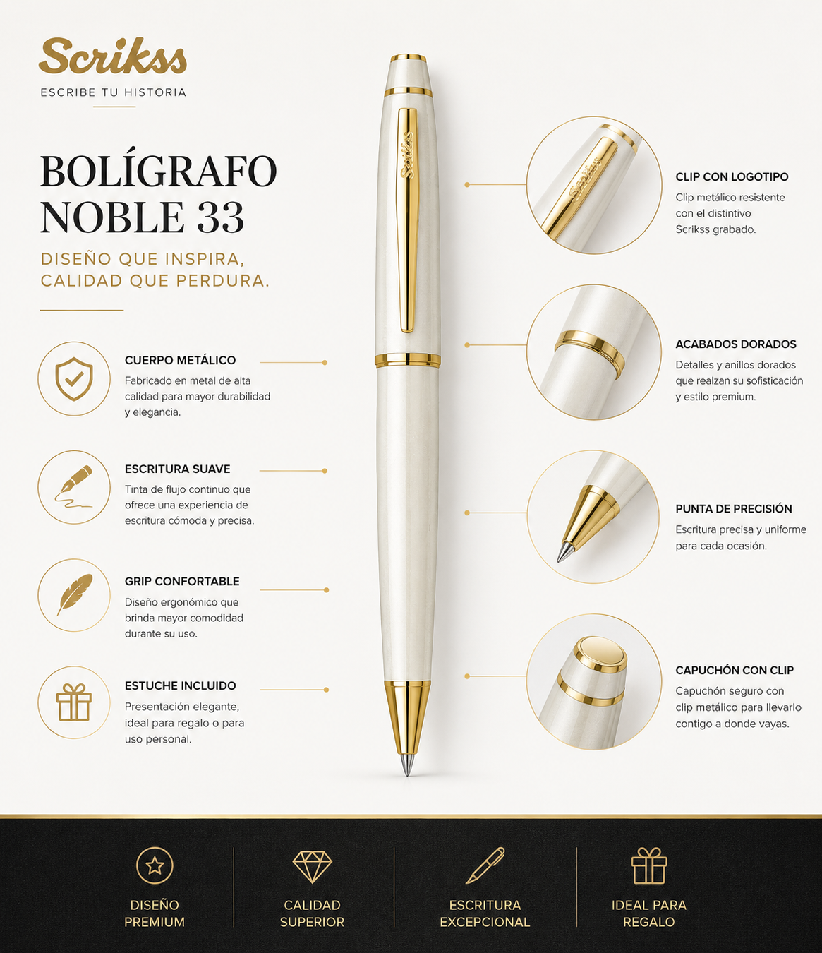 Bolígrafo Scrikss Noble 35 Blanco Perla Dorado con Estuche