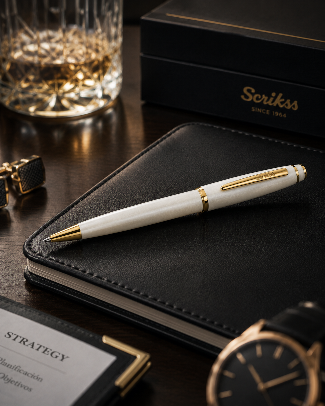 Bolígrafo Scrikss Noble 35 Blanco Perla Dorado con Estuche