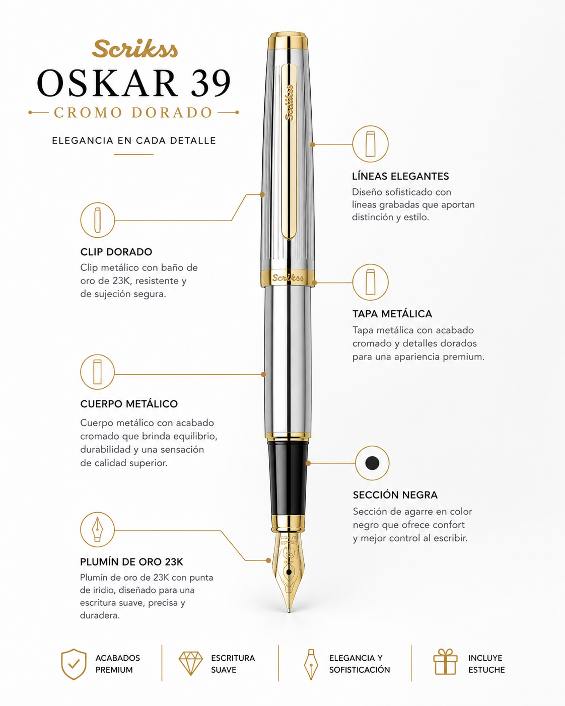 Pluma Fuente Scrikss Oskar 39 Cromo Dorado con Estuche