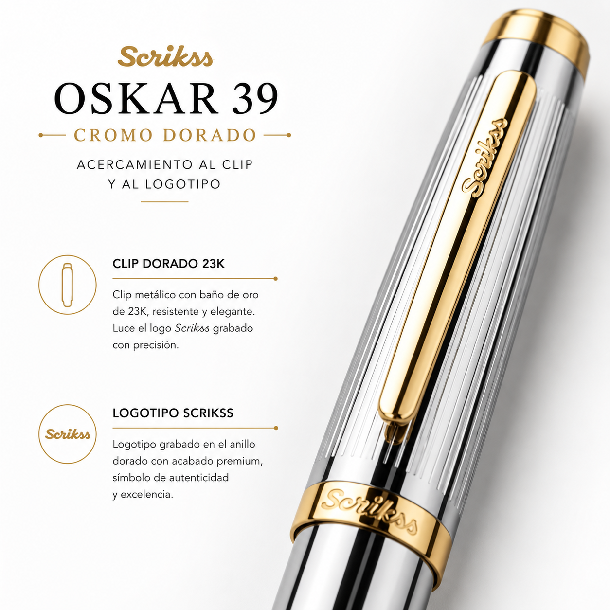 Pluma Fuente Scrikss Oskar 39 Cromo Dorado con Estuche