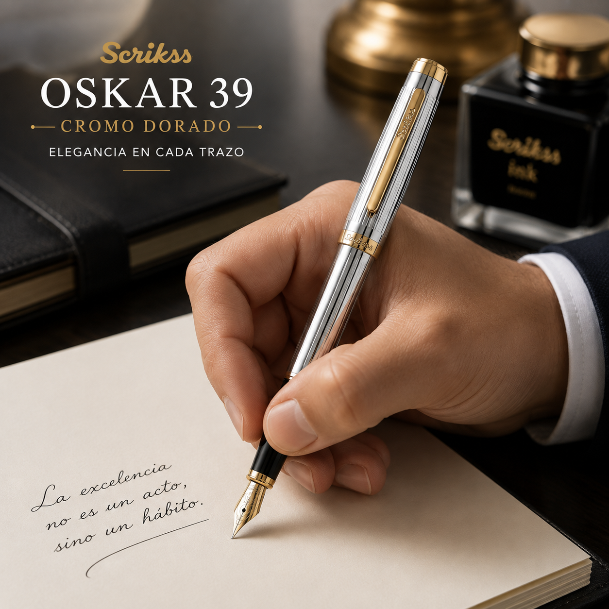 Pluma Fuente Scrikss Oskar 39 Cromo Dorado con Estuche