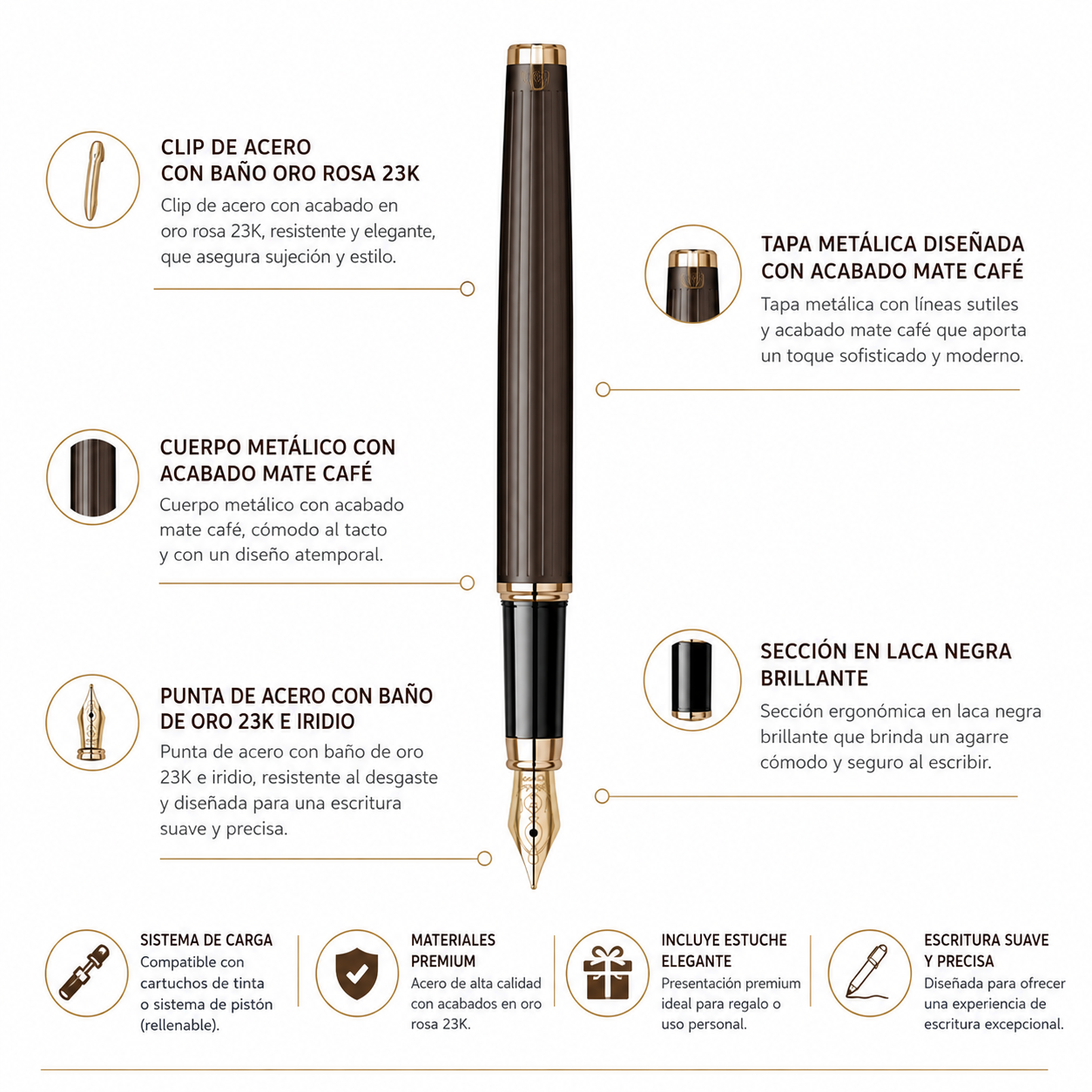 Pluma Fuente Scrikss Oskar 39 Café Oro Rosa con Estuche