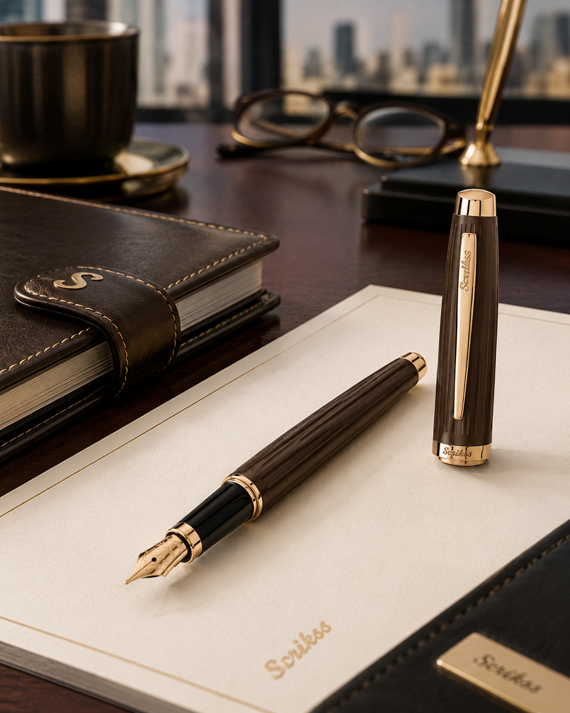 Pluma Fuente Scrikss Oskar 39 Café Oro Rosa con Estuche