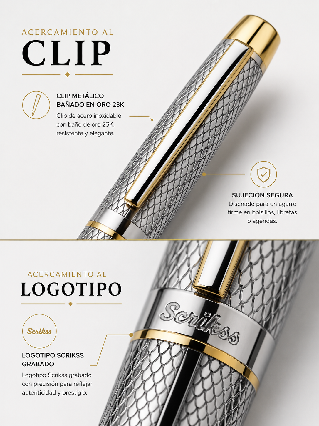 Bolígrafo Scrikss Venus 722W Cromo Oro con Estuche  Este es el nombre que usaría definitivamente.