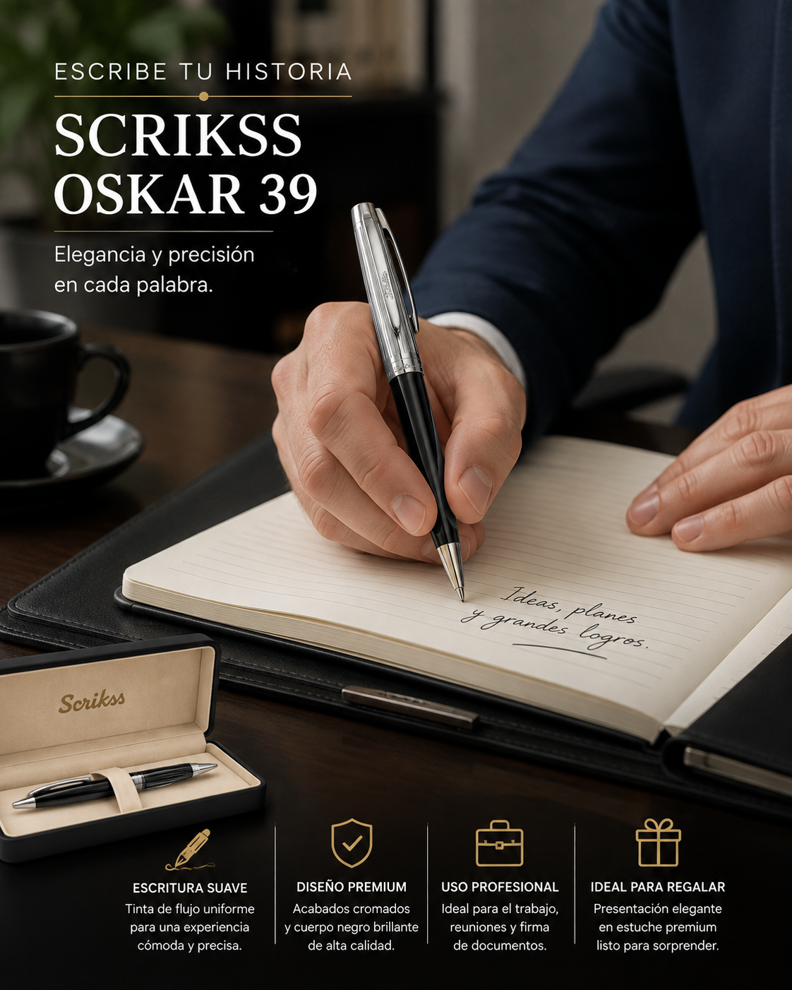 Boligrafo Scrikss Oscar 39 Negro Cromo Metalico Estuche