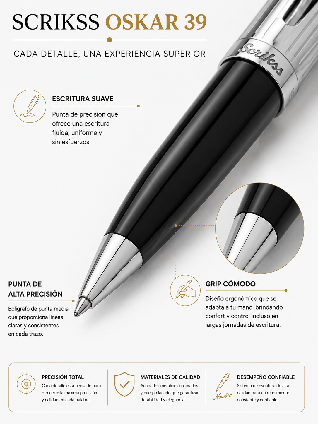 Boligrafo Scrikss Oscar 39 Negro Cromo Metalico Estuche