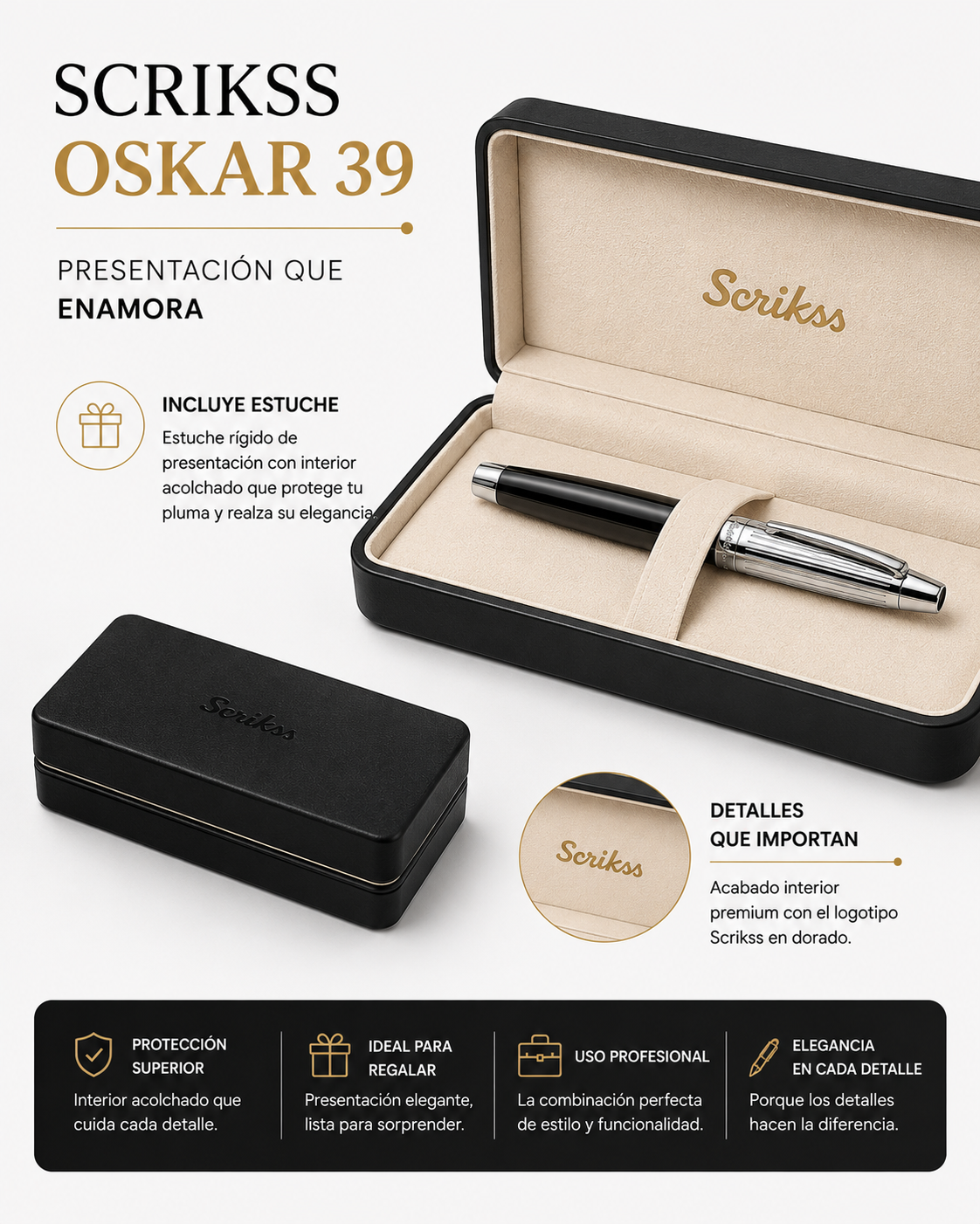 Boligrafo Scrikss Oscar 39 Negro Cromo Metalico Estuche