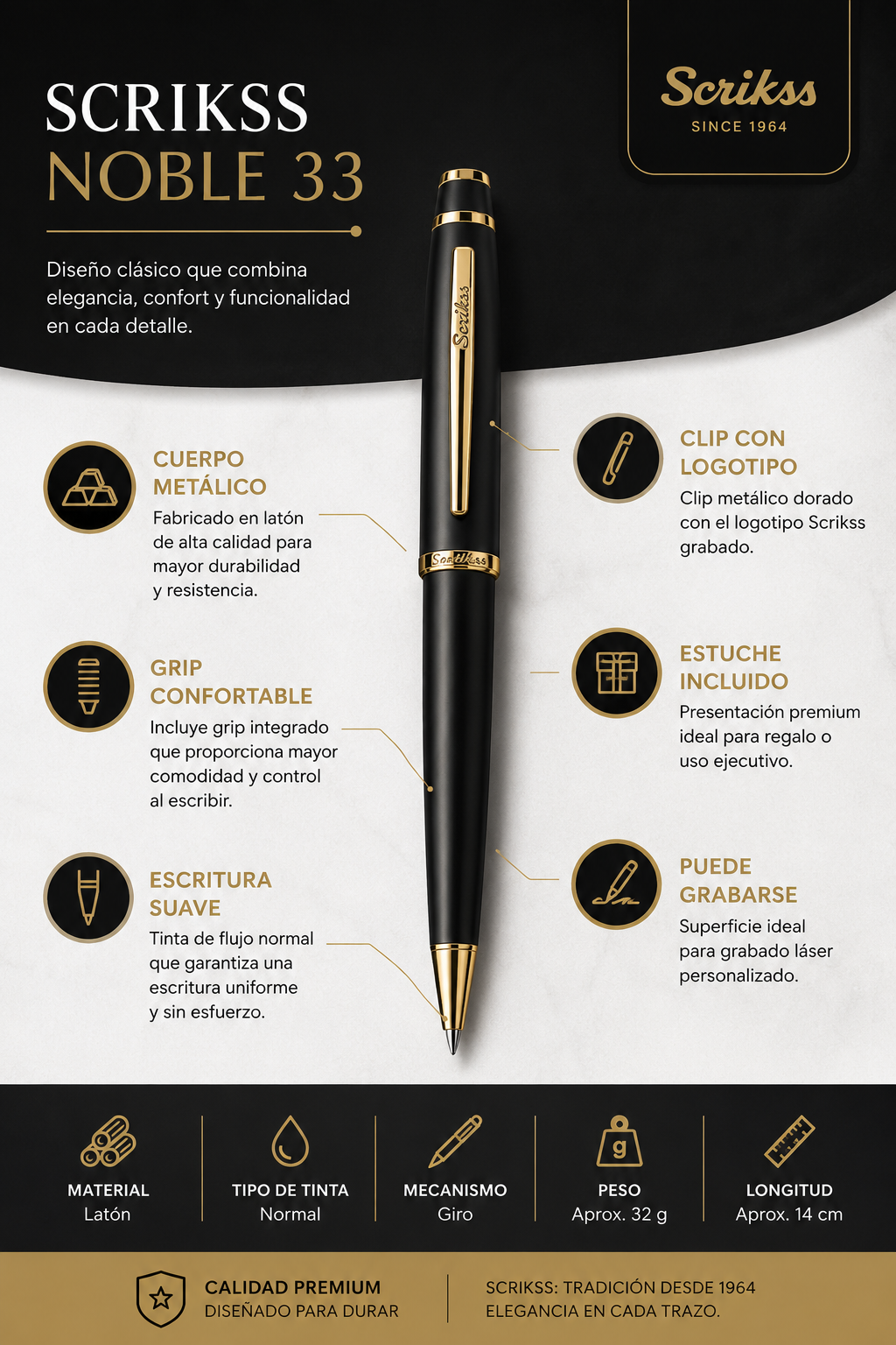 Bolígrafo Scrikss Noble 35 Negro Mate Dorado con Estuche