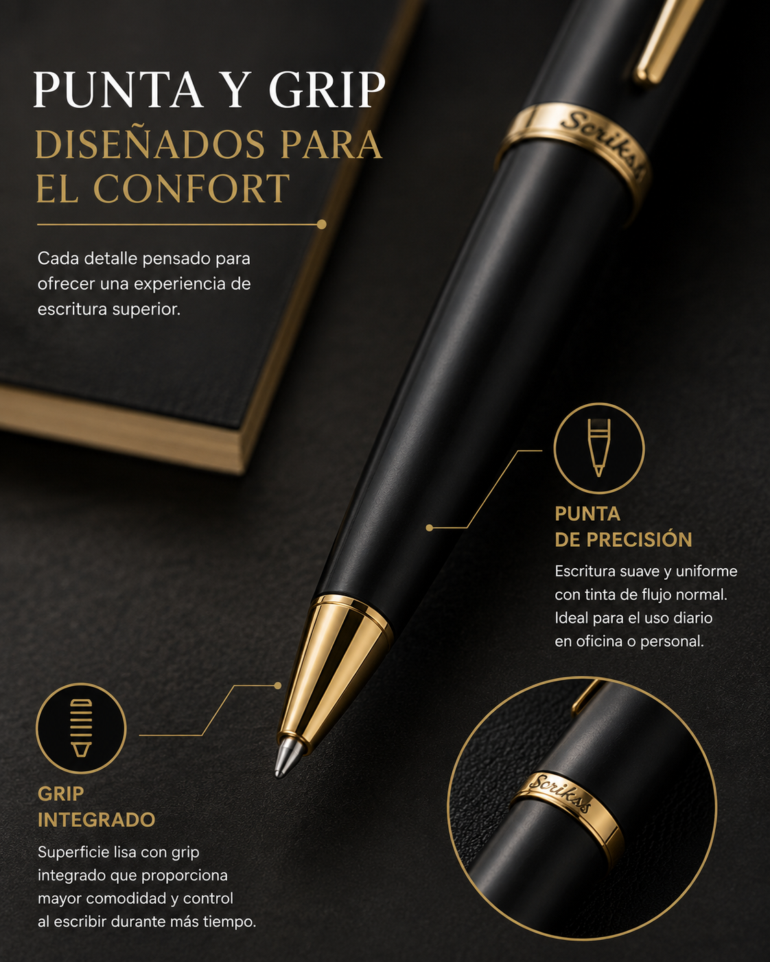 Bolígrafo Scrikss Noble 35 Negro Mate Dorado con Estuche