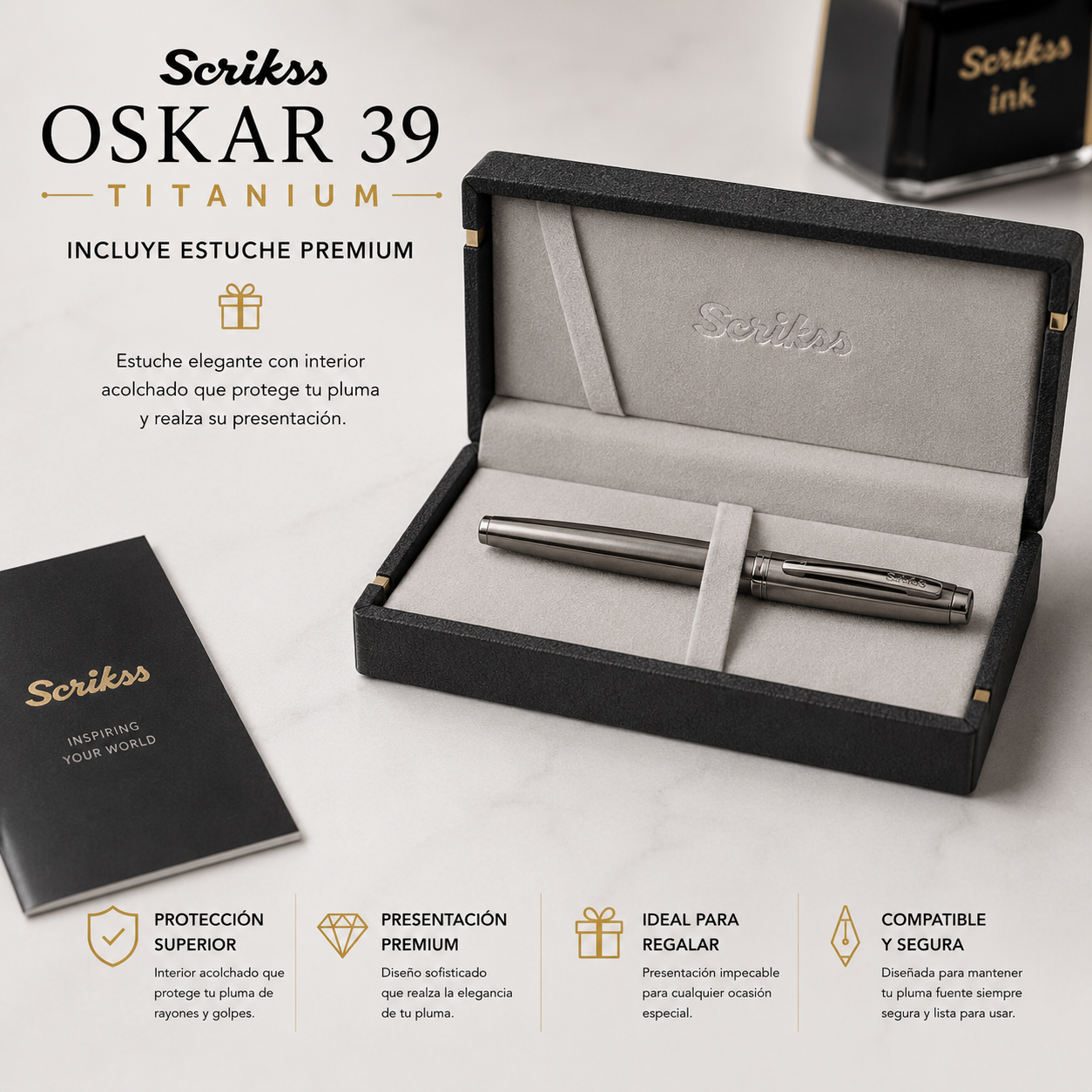 Pluma Fuente Scrikss Oscar 39 Titanium Metalica Estuche