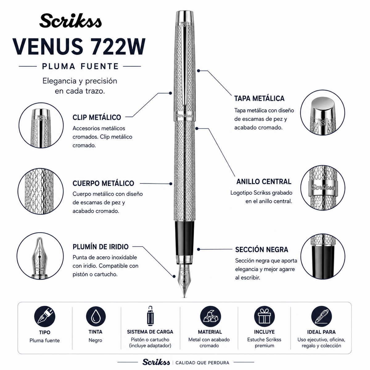 Pluma Fuente Scrikss Venus 722W Cromo con Estuche