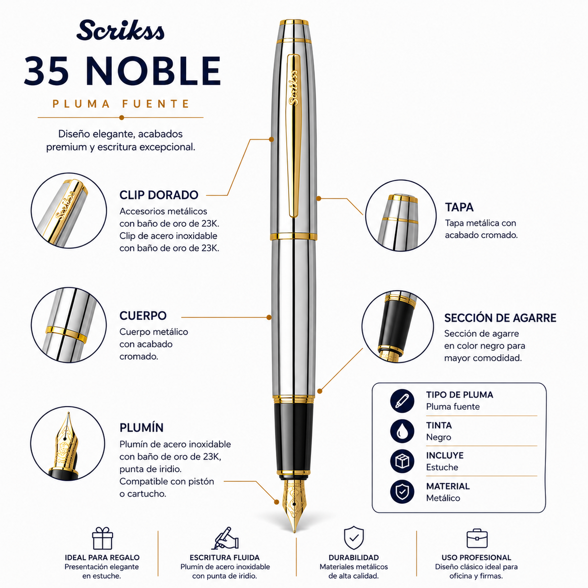 Pluma Fuente Scrikss Noble 35 Cromo Oro