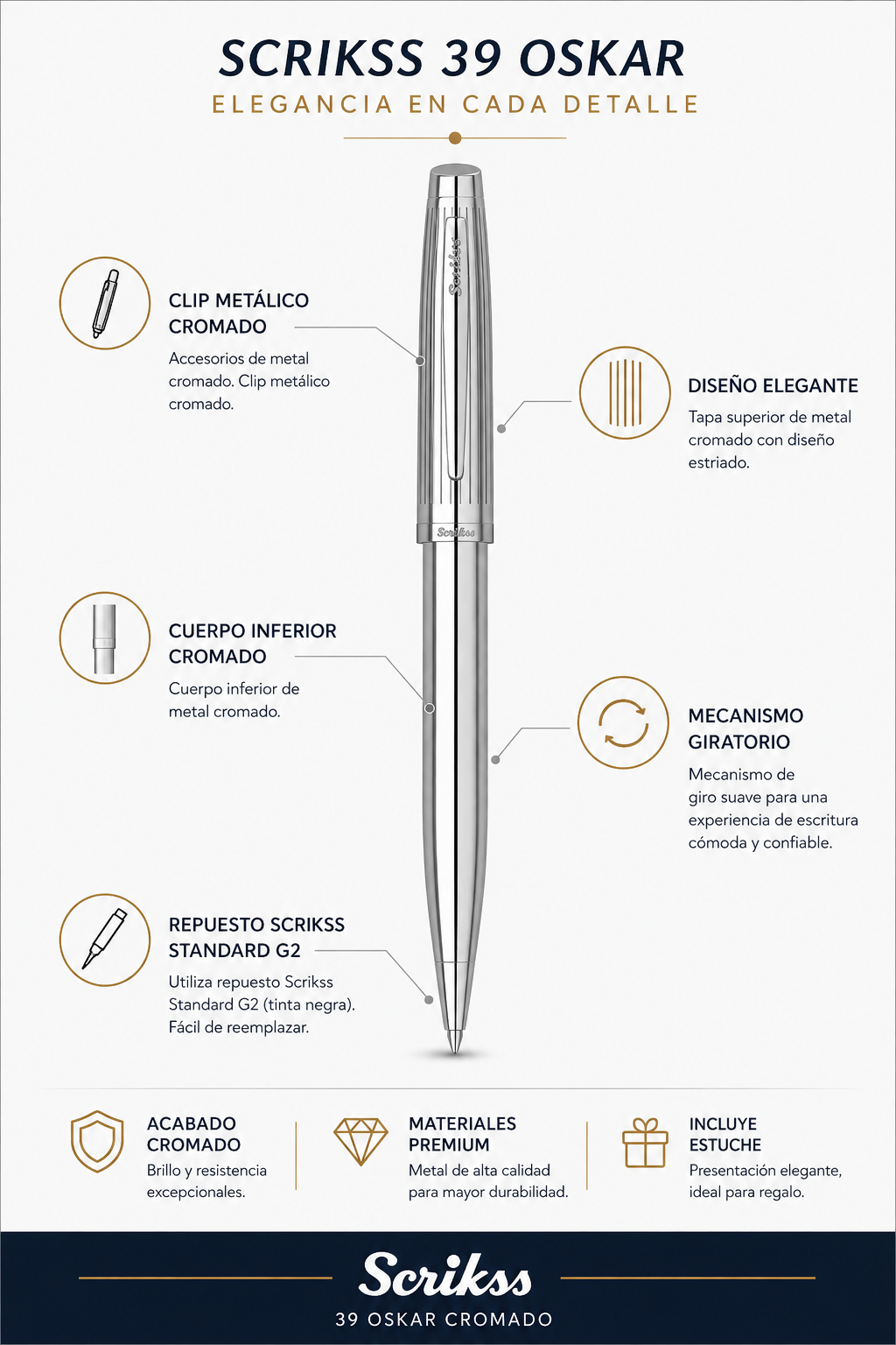 Boligrafo Scrikss Oskar 39 Cromo Metalico Estuche