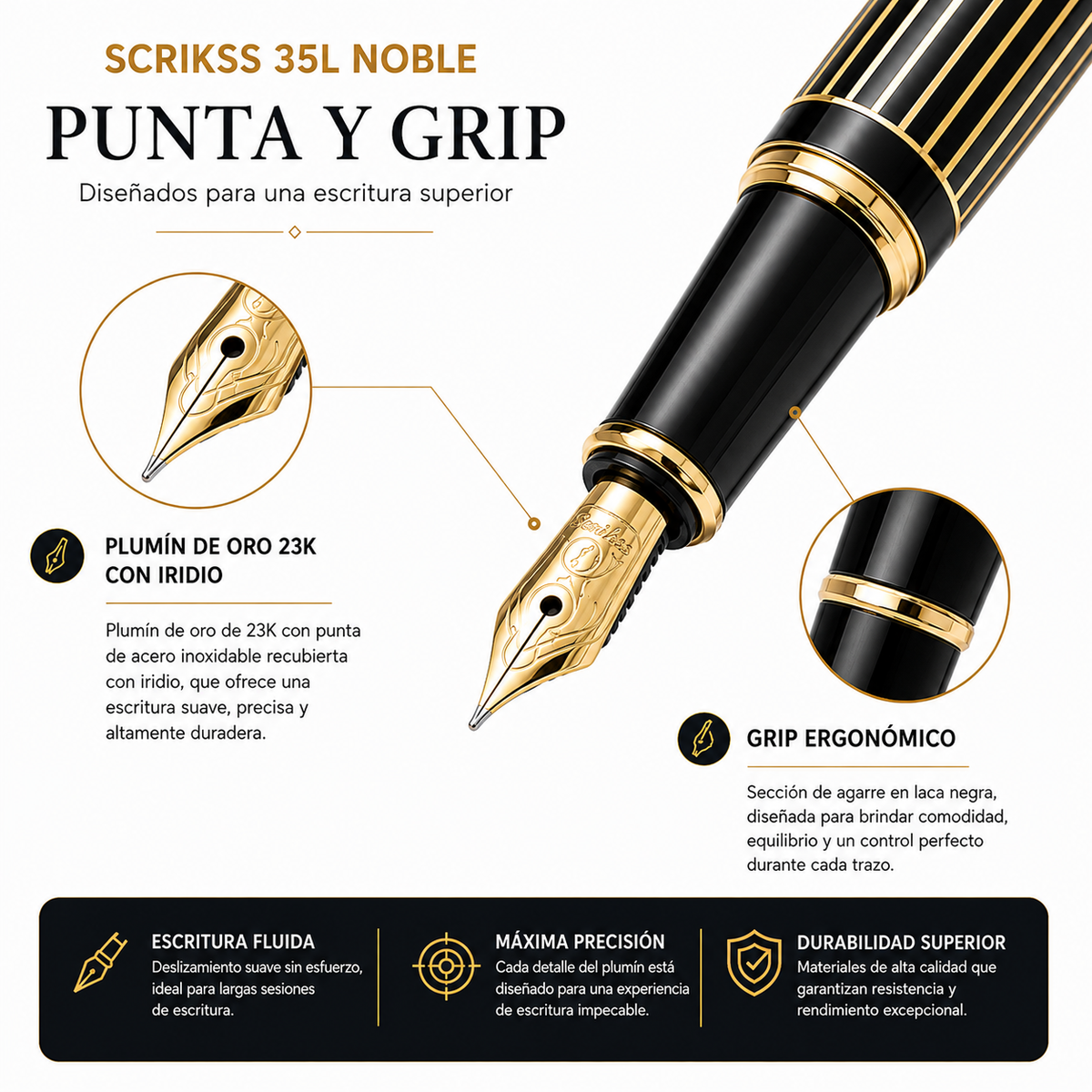 Pluma Fuente Scrikss Noble 35L Negro Oro con Estuche