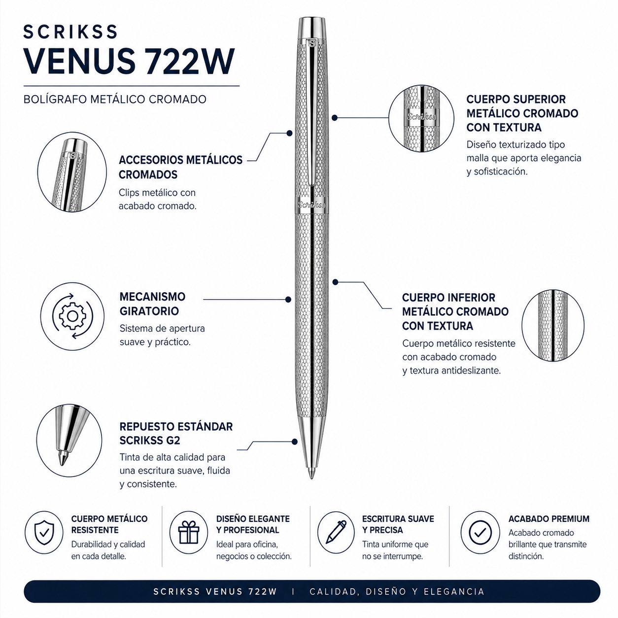 Bolígrafo Scrikss Venus 722W Cromada Metálica con Estuche