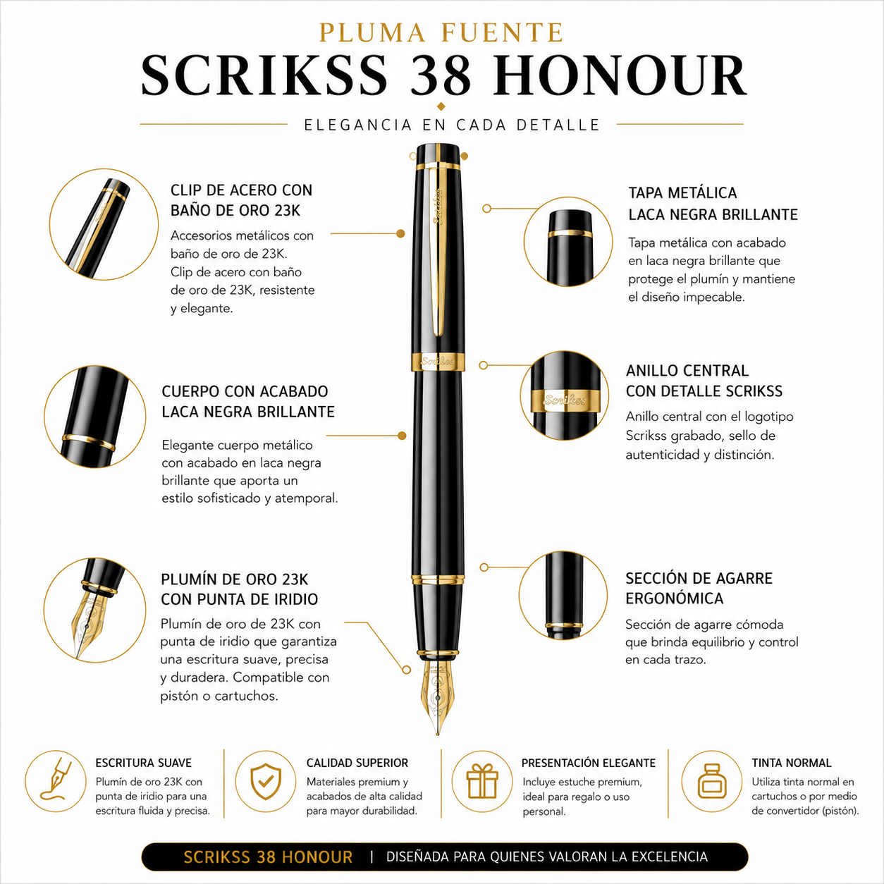 Pluma Fuente Scrikss 38 Honour Negro Oro Con Estuche