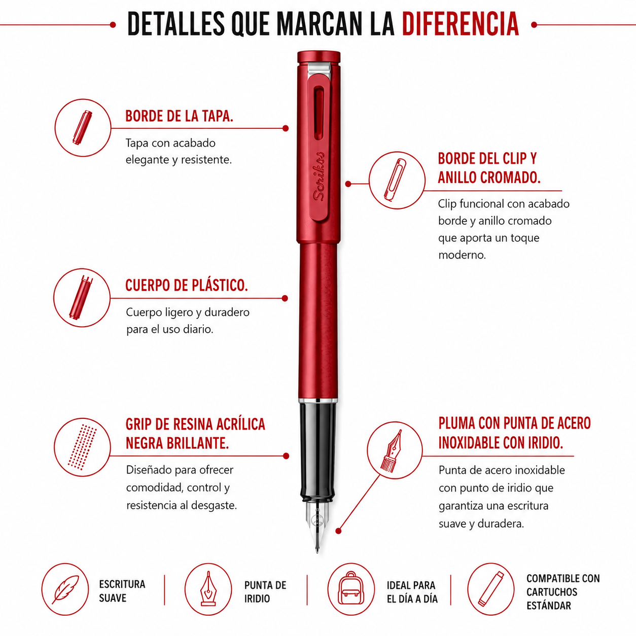 Pluma Fuente Scrikss Punto Roja Plumin Medio Tinta Negra
