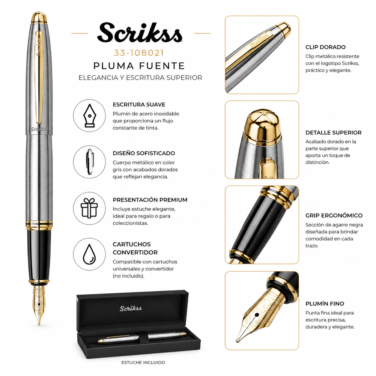 Pluma Fuente Scrikss 88 Knight Cromo Oro con Estuche