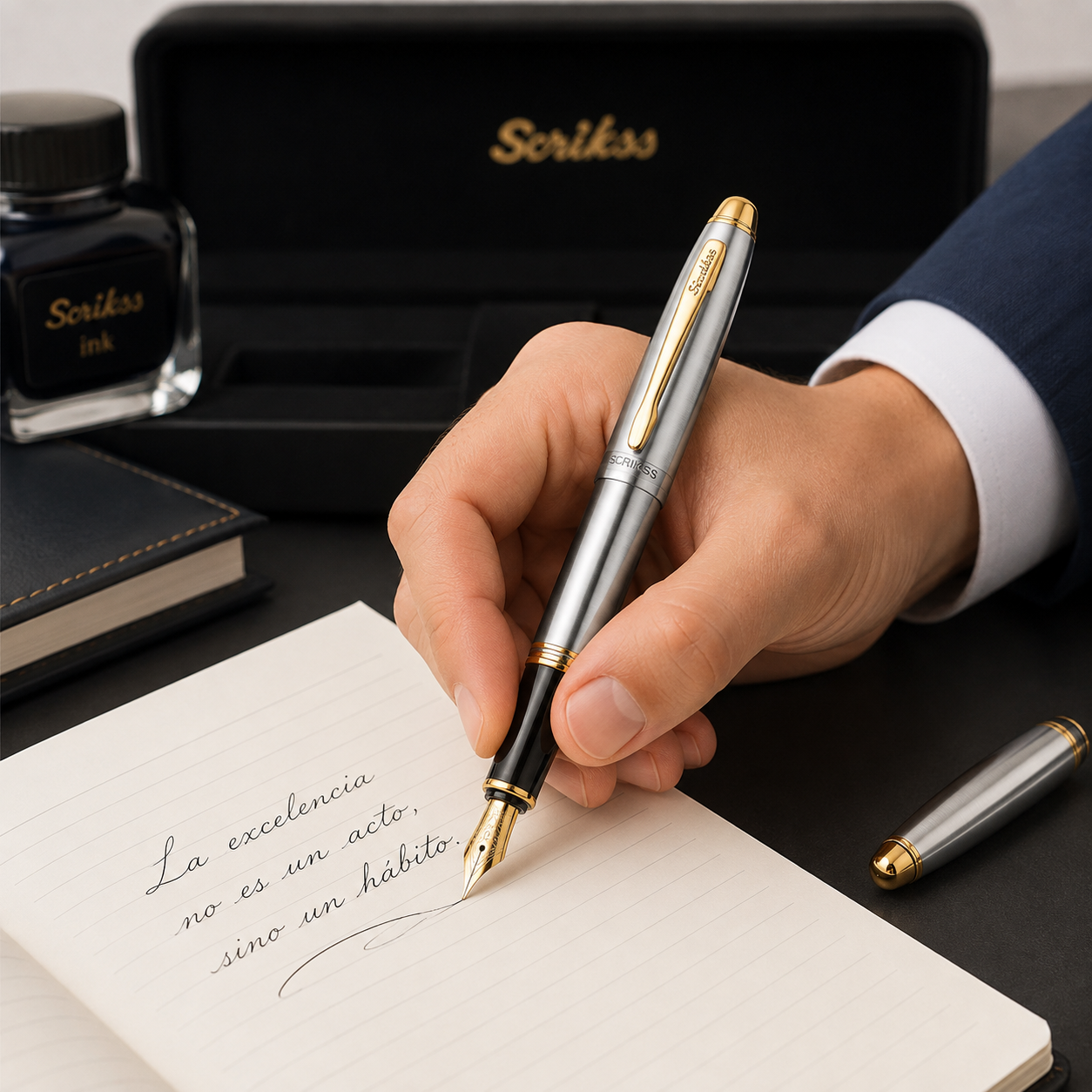 Pluma Fuente Scrikss 88 Knight Cromo Oro con Estuche