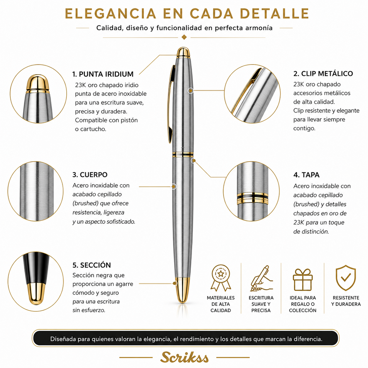 Pluma Fuente Scrikss 88 Knight Cromo Oro con Estuche