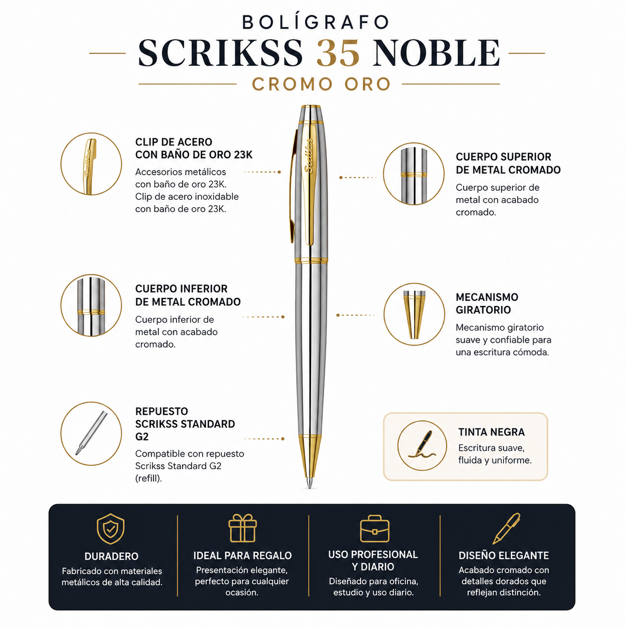 Bolígrafo Scrikss 35 Noble Cromo Oro con Estuche