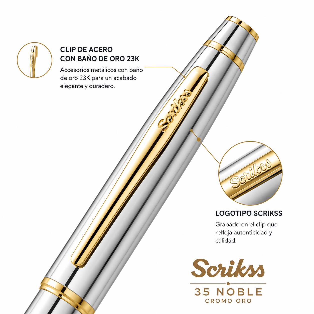 Bolígrafo Scrikss 35 Noble Cromo Oro con Estuche