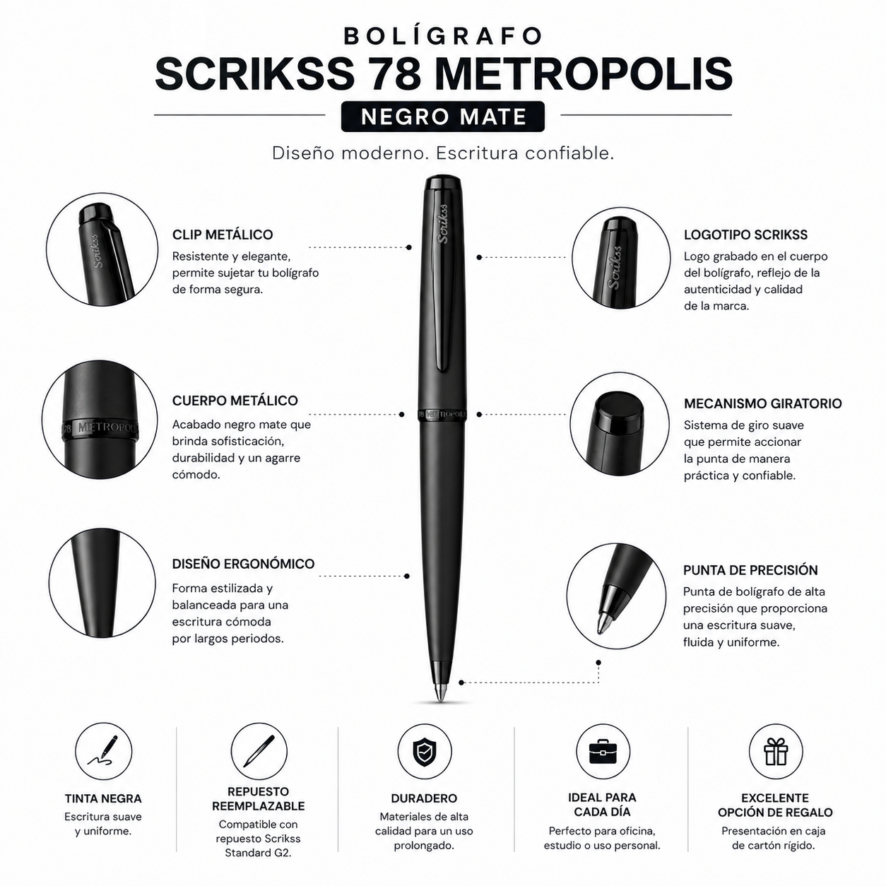 Bolígrafo Scrikss 78 Metropolis Negro Mate