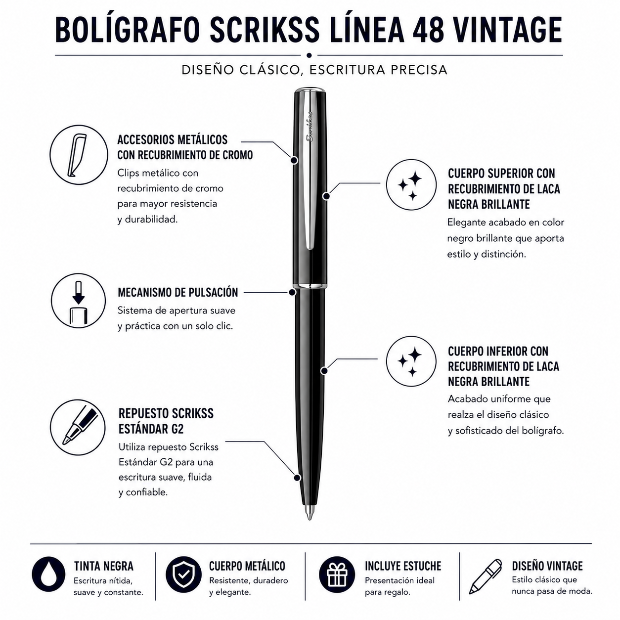 Bolígrafo Scrikss 48 Vintage Negro Metálico