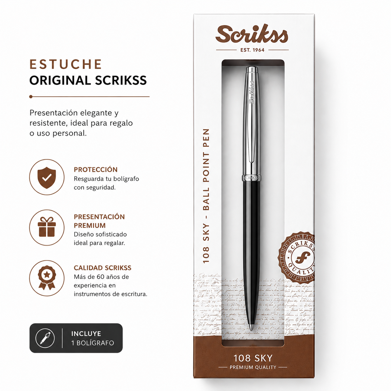 Bolígrafo Scrikss 108 Sky Negro Cromo