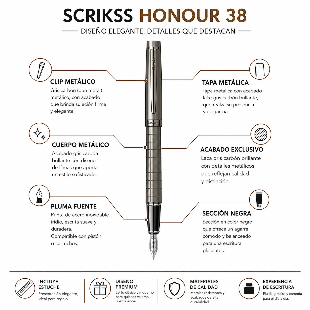Pluma Fuente Scrikss Honour 38 Gris Carbón con Estuche