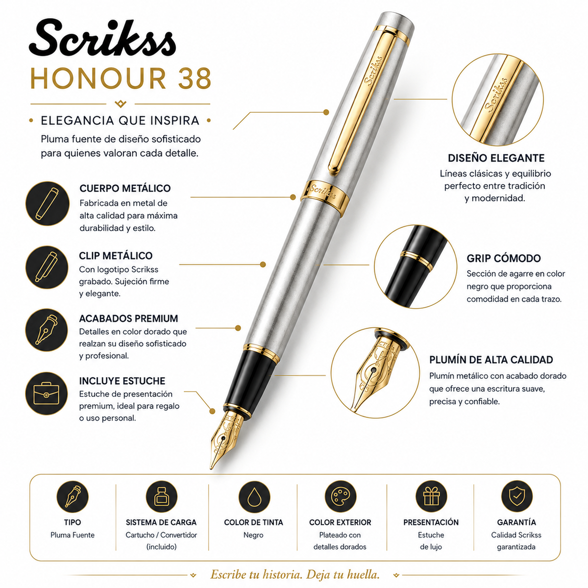 Pluma Fuente Scrikss Honour 38 Plata Dorado Con Estuche