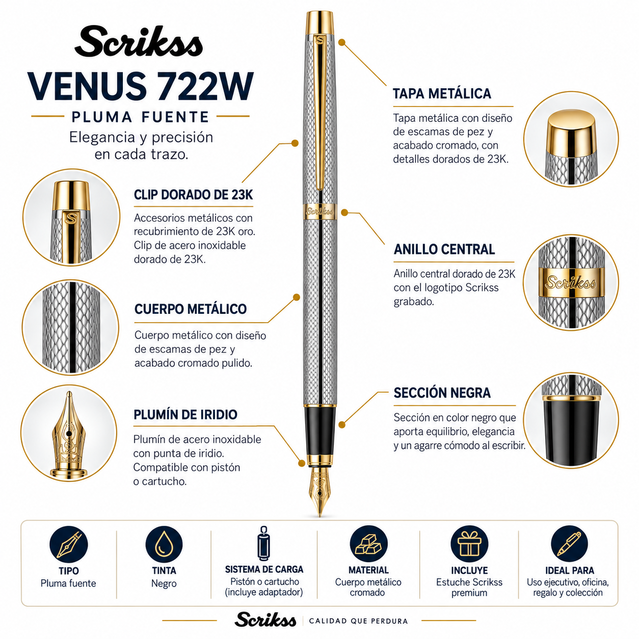Pluma Fuente Scrikss Venus 722W Cromo Oro con Estuche