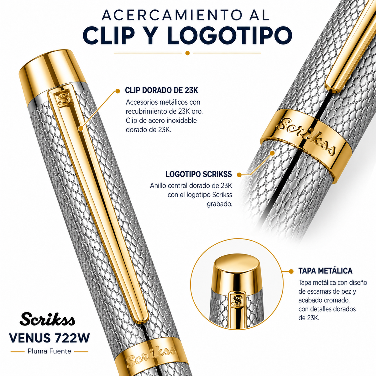 Pluma Fuente Scrikss Venus 722W Cromo Oro con Estuche