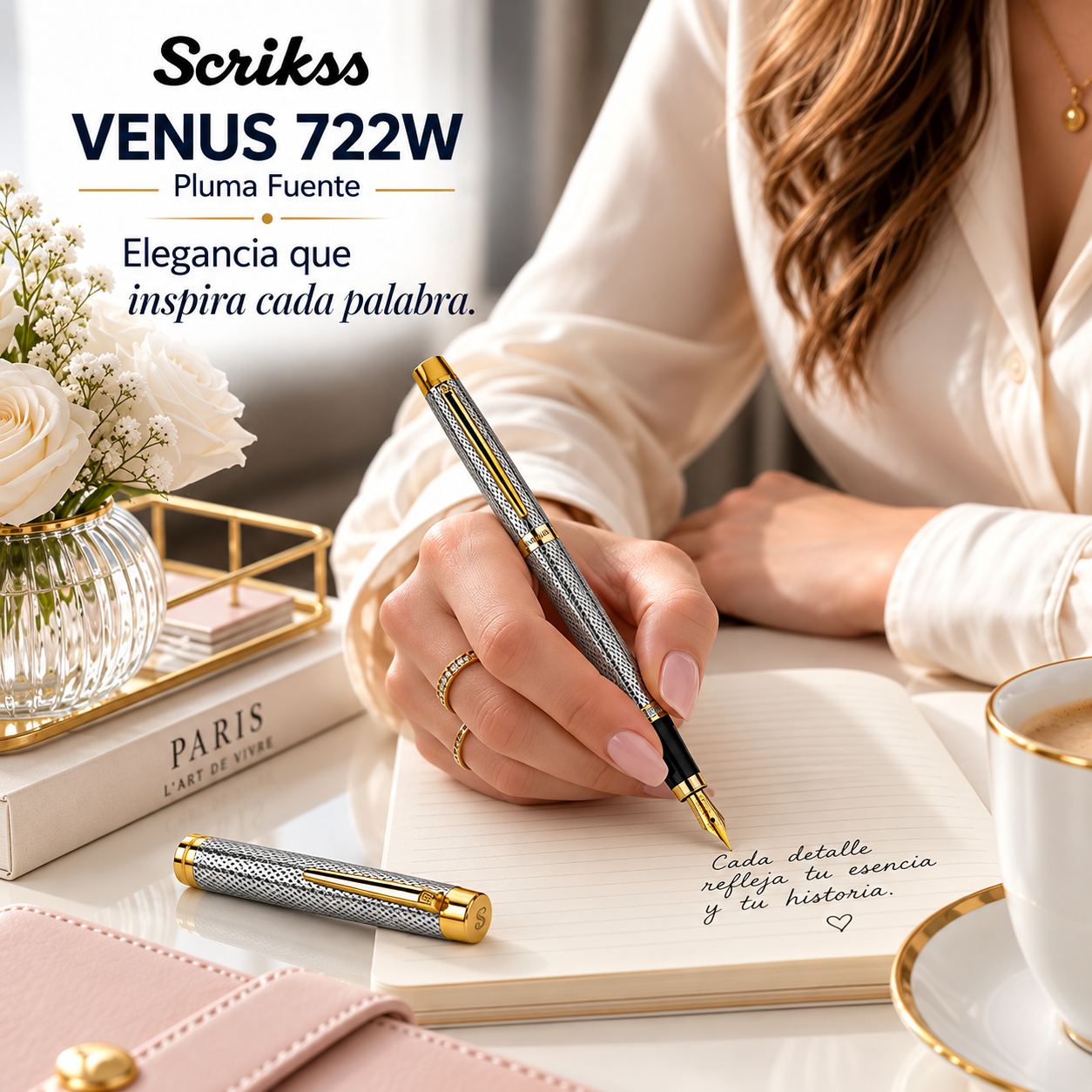 Pluma Fuente Scrikss Venus 722W Cromo Oro con Estuche