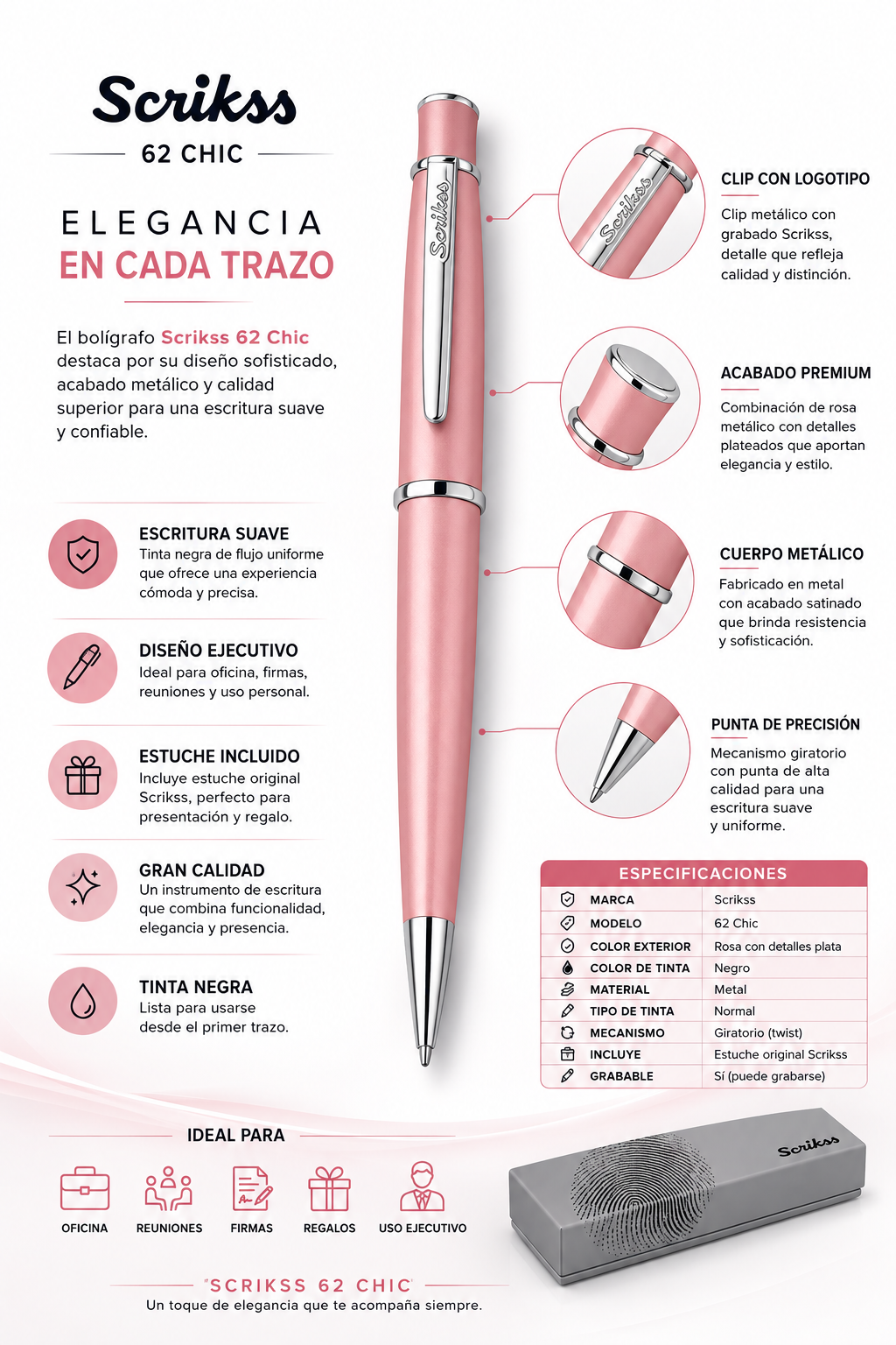 Boligrafo Scrikss 62 Chic Rosa Metalico Tinta Negra