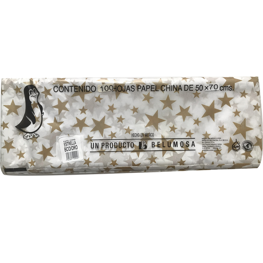 Papel China Pingüino Belumosa Bolsa C/100 Pliegos Estrella Oro 50*75cm