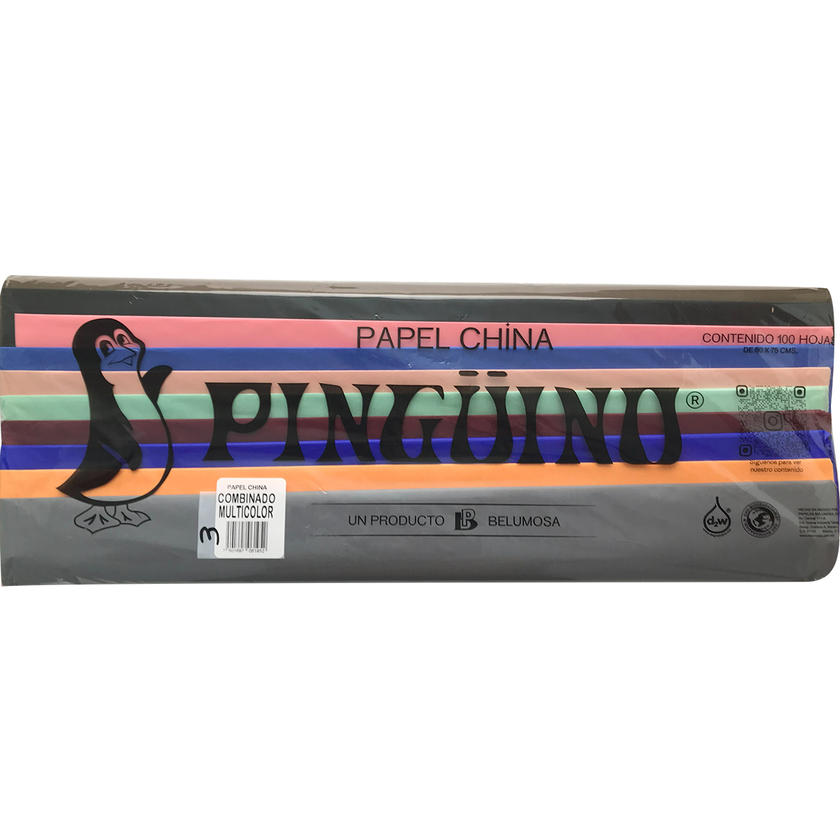 Papel China Belumosa 50x70cm Liso 100 Hojas Multicolor Pack3