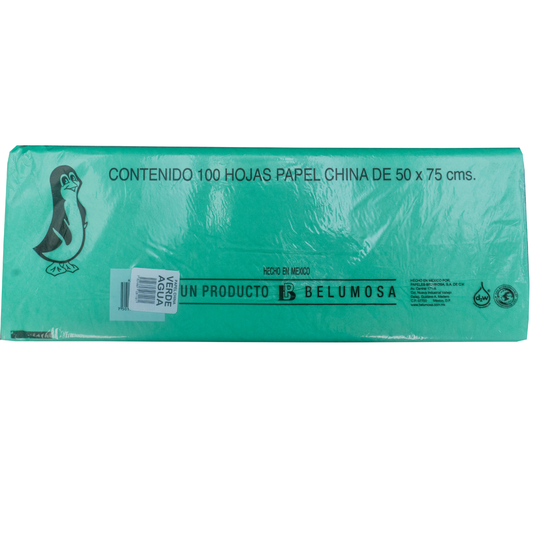 Papel China Pingüino Belumosa Bolsa C/100 Pliegos Verde Agua 75*50cm