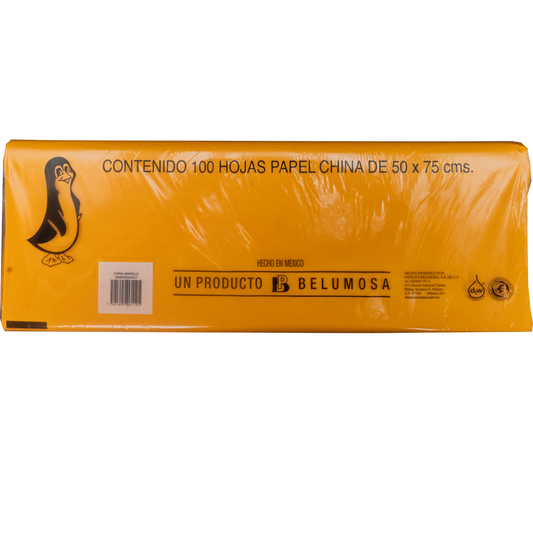 Papel China Pingüino Belumosa Bolsa C/100 Pliegos Amarillo Zempazuchitl 75*50cm