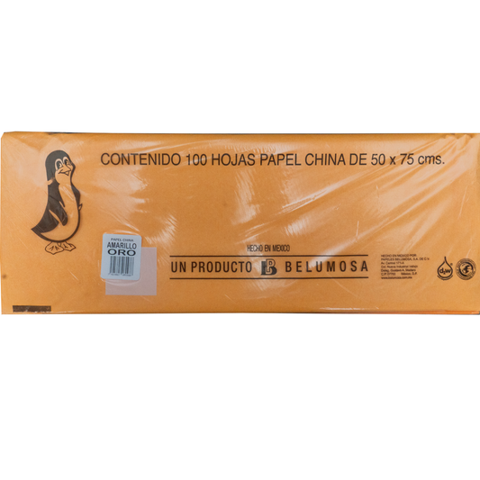 Papel China Pingüino Belumosa Bolsa C/100 Pliegos Amarillo Oro 75*50cm
