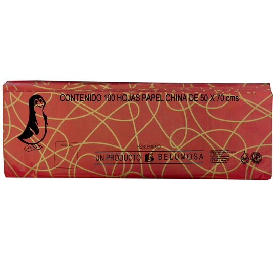 Papel China Pingüino Belumosa Bolsa C/100 Pliegos Filigrana Rojo Oro 50*75cm